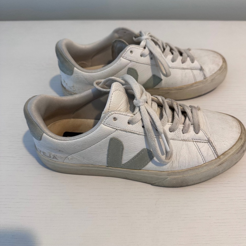 Veja Campo White Leather Sage Green Suede Sneakers Womens Size 8 EUR 39